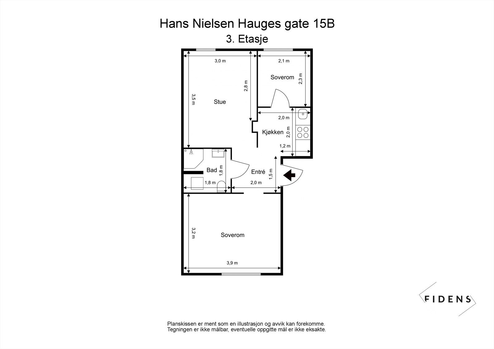 Boligen er på 41 kvm med en gjennomgående planløsning som består av entré, stue, kjøkken, to soverom og bad. Leiligheten disponerer en kjellerbod på ca. 5,5 kvm. Galleribilde
