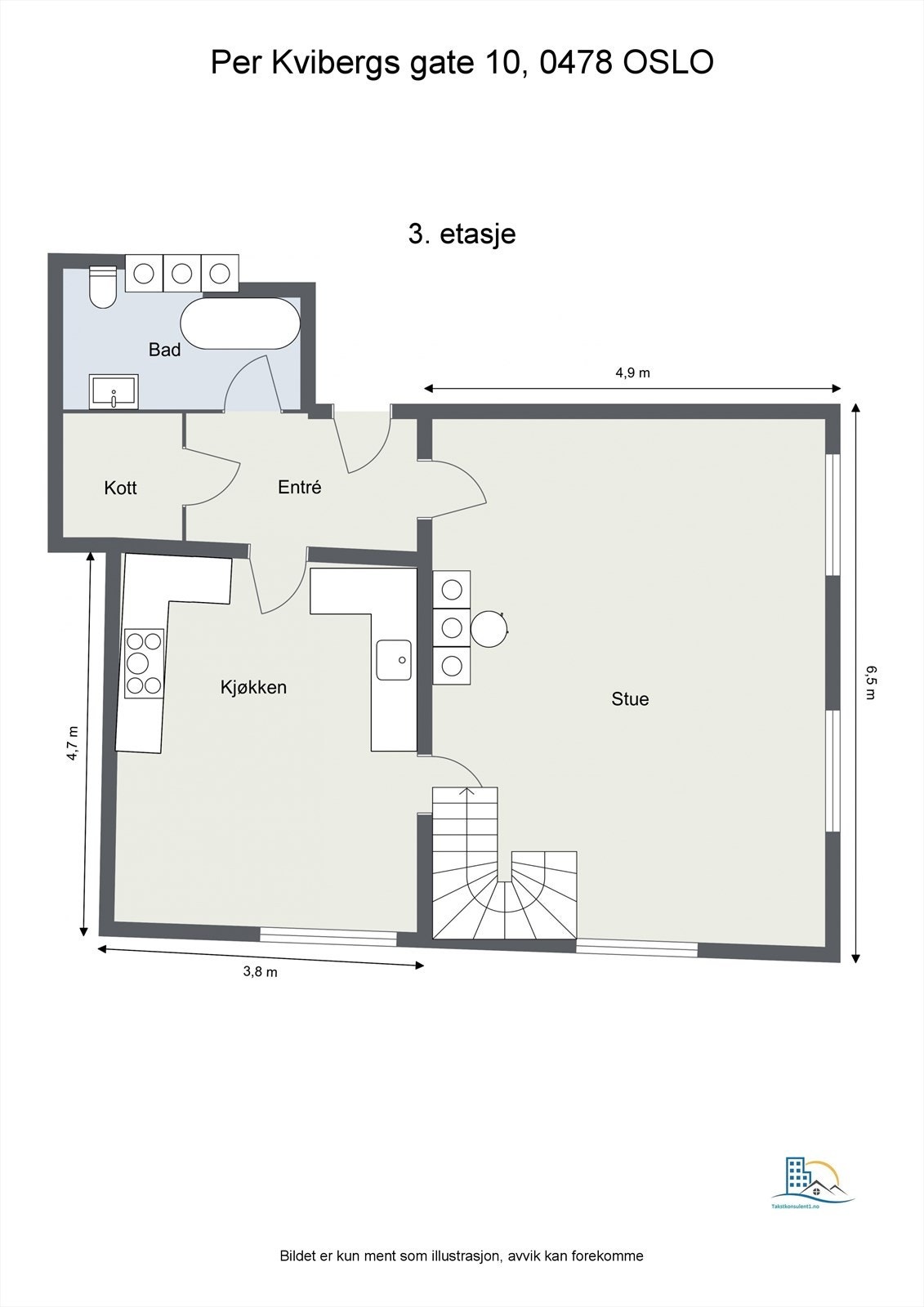 Plantegning hovedetasjen/3.etg. Denne etasjen er leilighetens hjerte og består av både en svært romslig stue og samtidig et stort og godt kjøkken. I tillegg er det også et flott baderom med badekar og et praktisk kott for oppheng av klær. Galleribilde