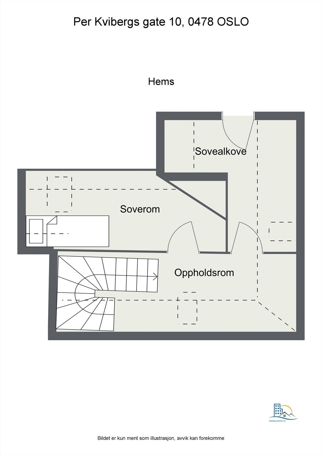 Plantegning - øverste etasje. Også denne etasjen var tidligere en del av borettslagets loftsareal. Denne etasjen består av et soverom, en liten loftsstue og en sovealkove. Det er plass til en vanlig seng i sovealkoven. Galleribilde