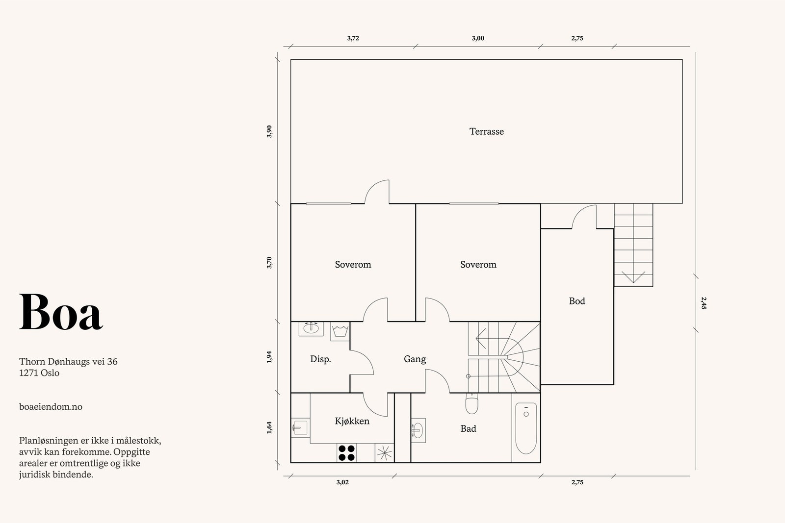 U. etasje: Entré/stue, gang, vaskerom, kjøkken, bad og soverom. Terrasse. Bod med utvendig adkomst. Galleribilde