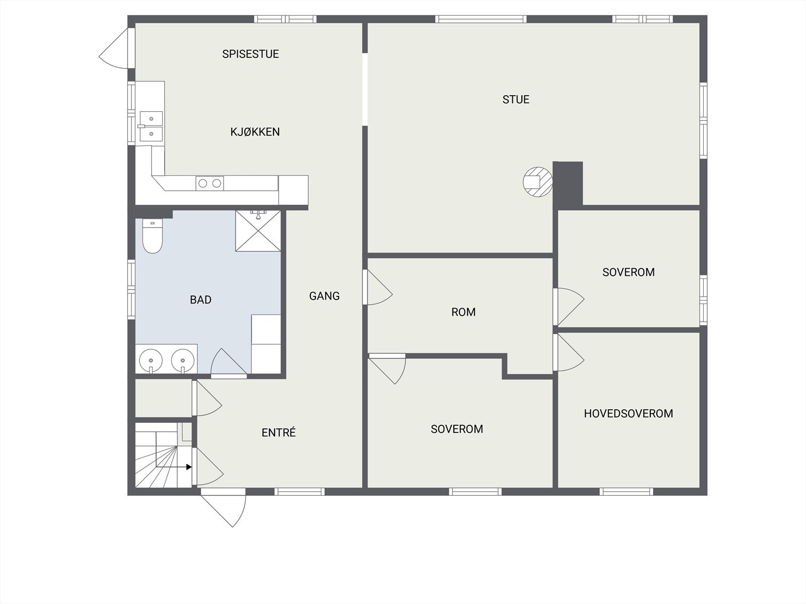 1. etasje består av entré, gang, baderom, kjøkken, stue, mellomgang/garderobe og 3 soverom (se pkt ferdigattest på side 11 for mer informasjon). Galleribilde
