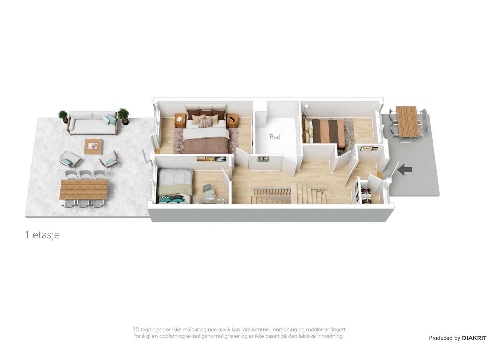 I 1.etasjen har du entréen med skyvedørsgarderobe, husets 3 soverom, bad, utgang til terrasse og hage samt garderobe som tidligere var WC rom. Galleribilde