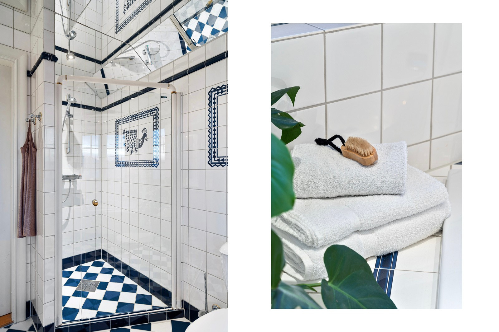 På badet har du også stort dusjhjørne og stor, lys baderomsinnredning med overspeil.