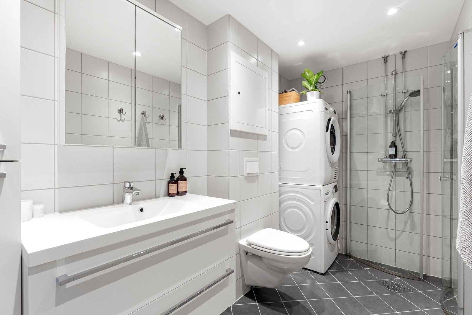 God plass og opplegg for vaskesøyle med vaskemaskin og tørketrommel. Galleribilde