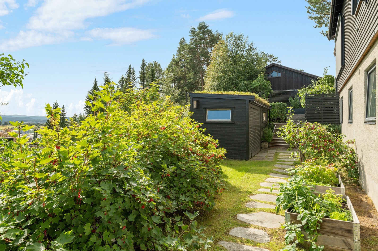 Tomten er meget pent opparbeidet på alle sider av huset, her mot sørøst vokser bærbusker og frukttrær, og det er satt opp redskapsbod. Galleribilde