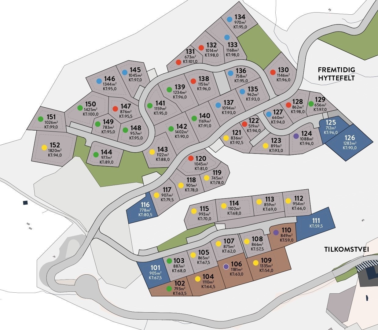 Tomtekartet viser del 1 av Sørlandsleia og de 52 første tomtene som nå er byggeklare. Galleribilde