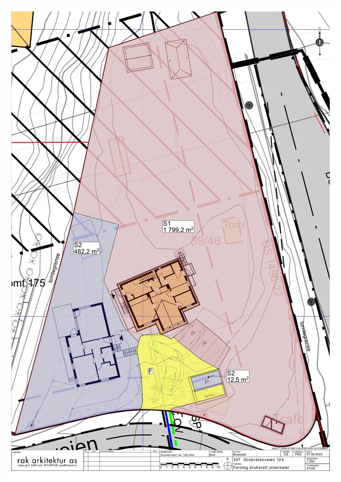 Skravert i rosa tilhører denne enheten. Gult vil bli fellesareal med sekundærbolig. Galleribilde