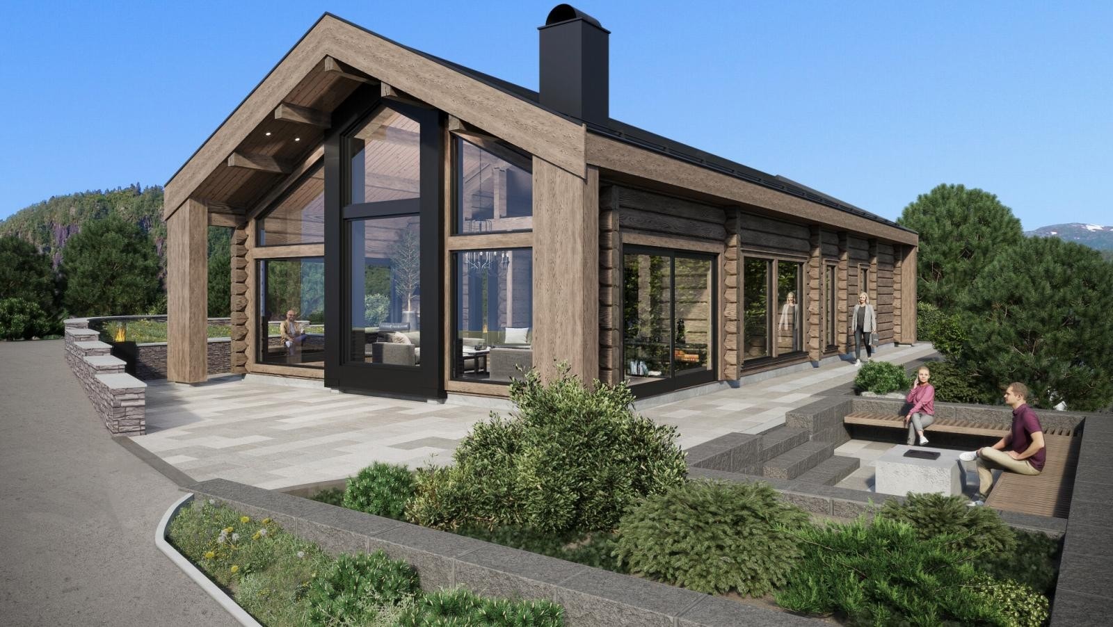 Spenndende arkitektur som kombinerer både et nytt uttrykk og med elementer fra tradisjonelle norske hytter. Uteareal som på illustrasjonsbildet kan bygges på bestilling. Illustrasjonsbildet er av hytta med noe ekstra påkostninger som kan bestilles ekstra Galleribilde