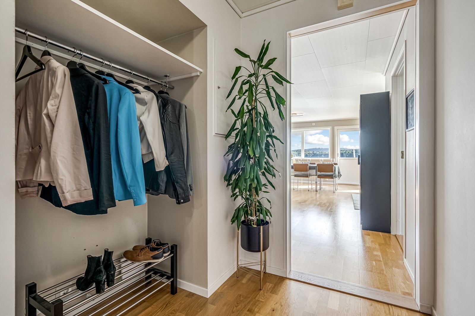 Gang med praktisk innhukk til oppheng av yttertøy og parkering av sko. Galleribilde