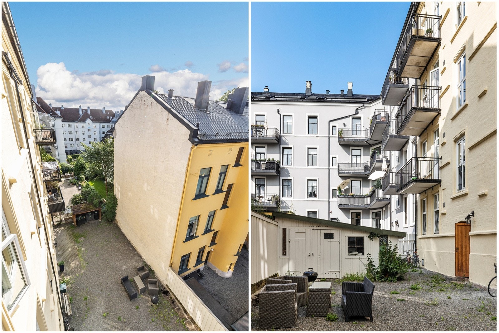 Bakgård med sykkelparkering, utemøbler og grill Galleribilde