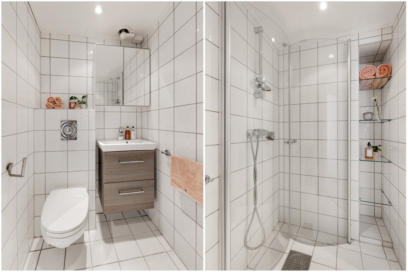 Badet består av veggmontert servantinnredning med skuffer, samt vask med ett-greps armatur, vegghengt speilskap og vegghengt toalett. Det er dusj rett på gulv med plassbesparende dusjdører i glass Galleribilde