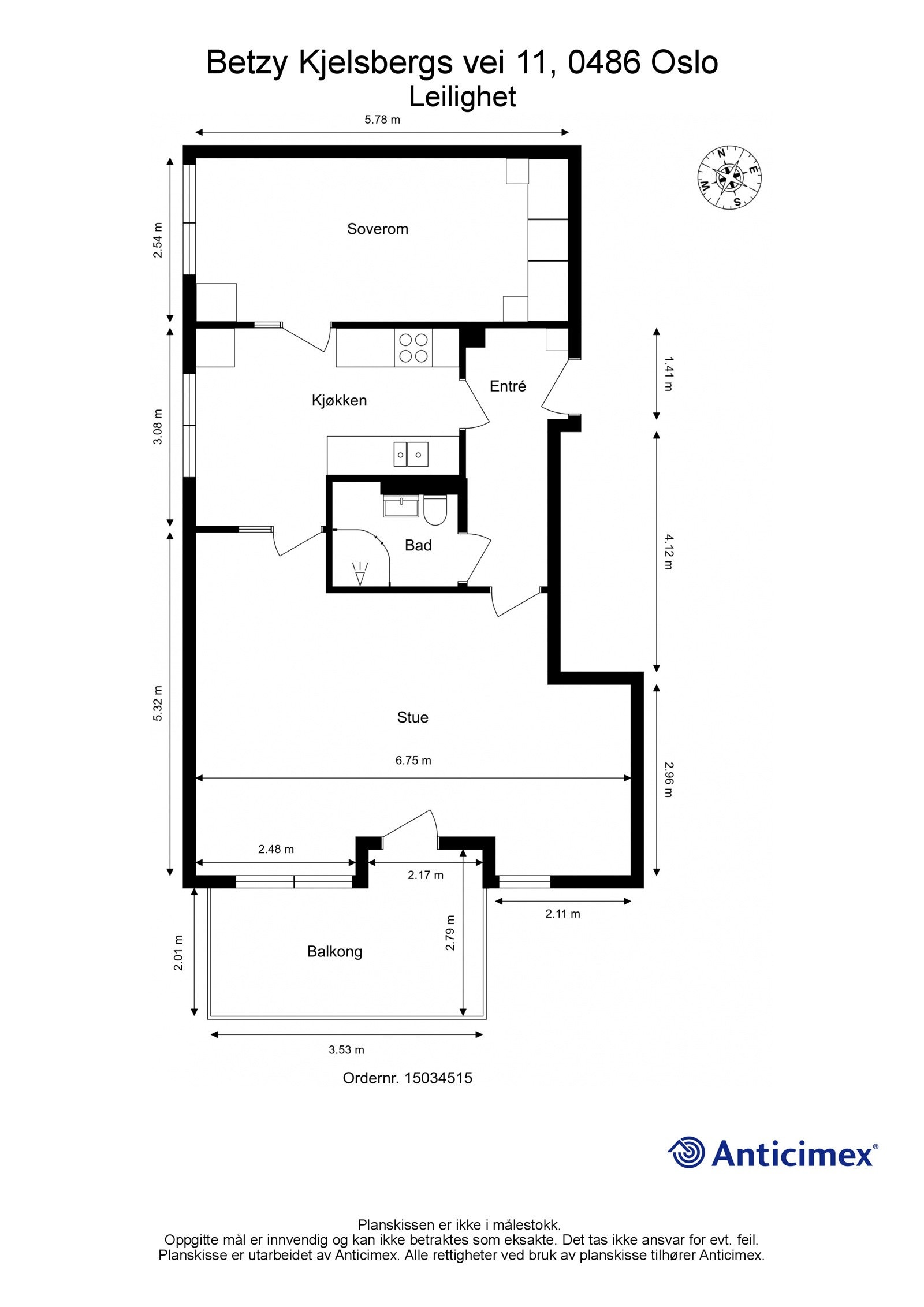 Plantegning av dagens løsning med mål og kompass. Galleribilde