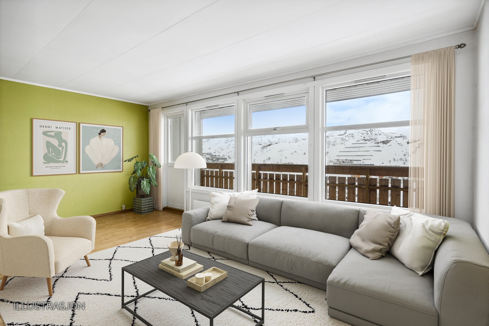 Delikat stue med flott utsikt og tilgang til veranda (3D-møblert). Galleribilde