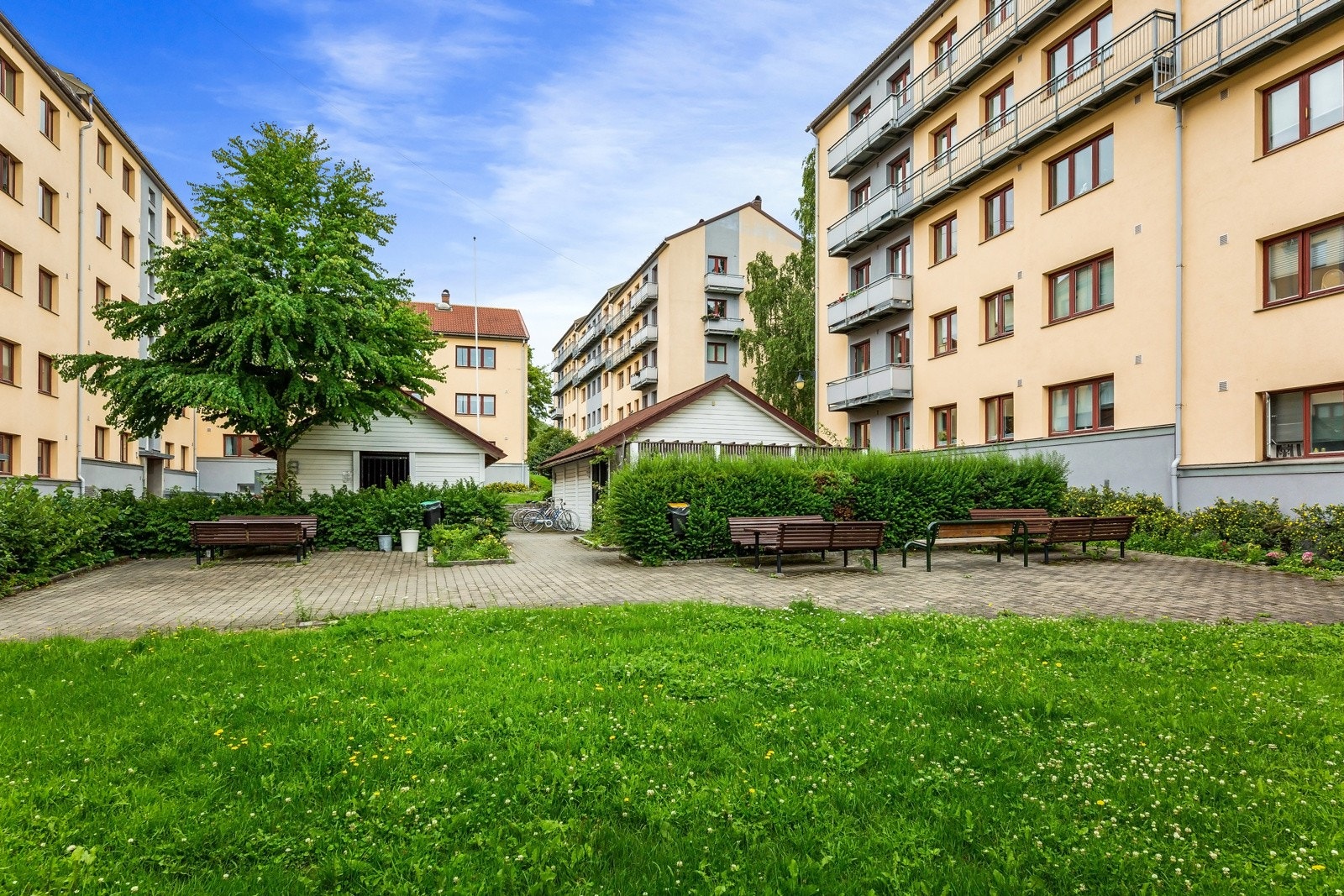 Pent opparbeidet bakgård med flere sittebenker og sykkelparkering. Galleribilde