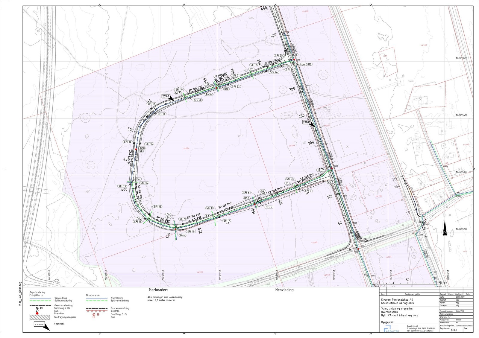 Kart over tilført infrastruktur for salgstrinn 1, med kommunal veg, vann, avløp, strøm, nett og fjernvarme. Galleribilde