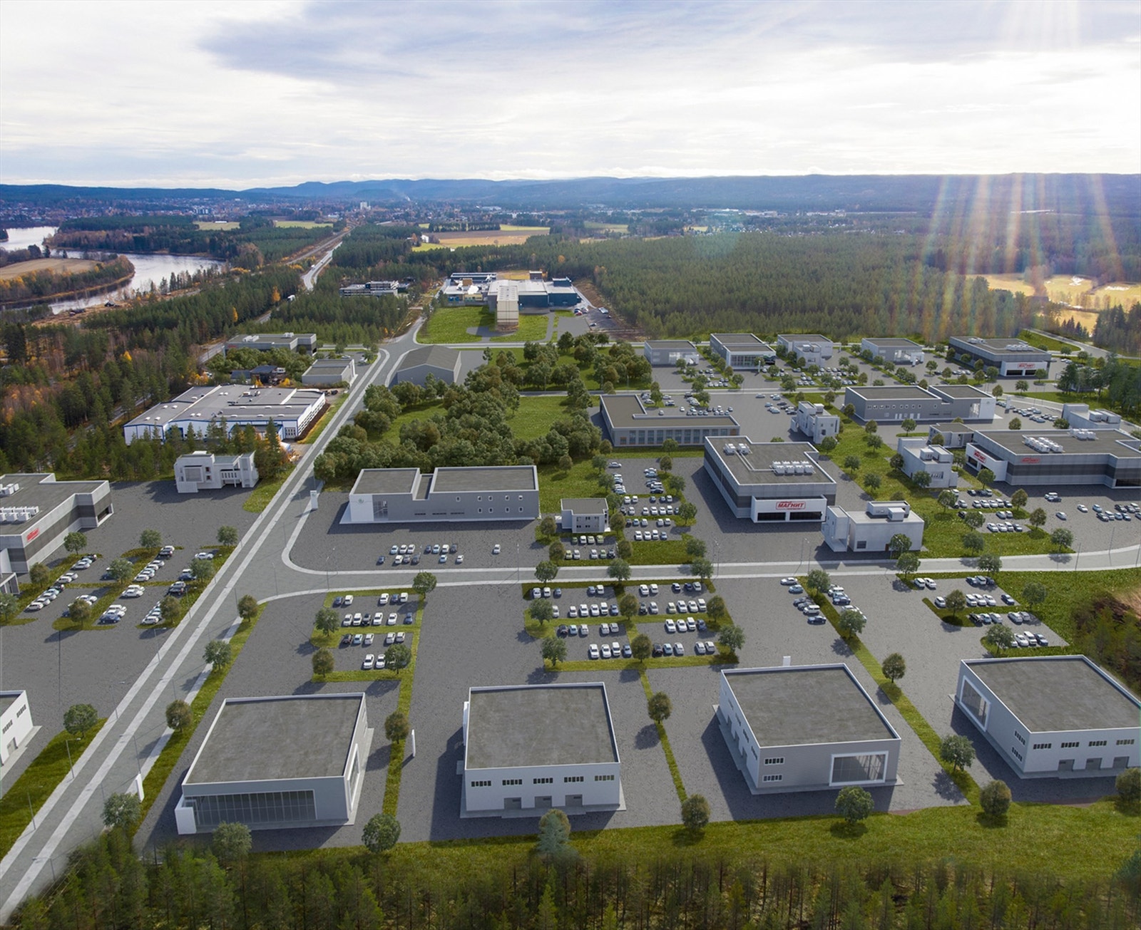 Fotomontasje med visualisering av ferdig utbygd næringspark, sett rett nordfra. Gamle riksveg 3 skimtes i venstre bildekant, mot Glomma. Galleribilde