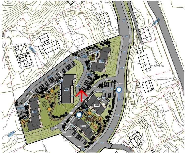 Byggetrinn 2 som er for salg, se pil. Hus som er bygget ligger under pilen. Skjermbilde situasjonsplan.JPG Galleribilde