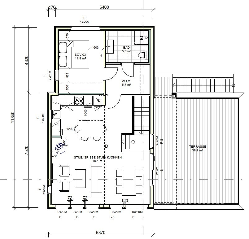 2.etg hustype E - med hovedsoverom med privat bad, god garderobeplass, stor åpen stue-kjøkkenløsning med utgang til en fantastisk og lett anvendelig terrasse! Galleribilde