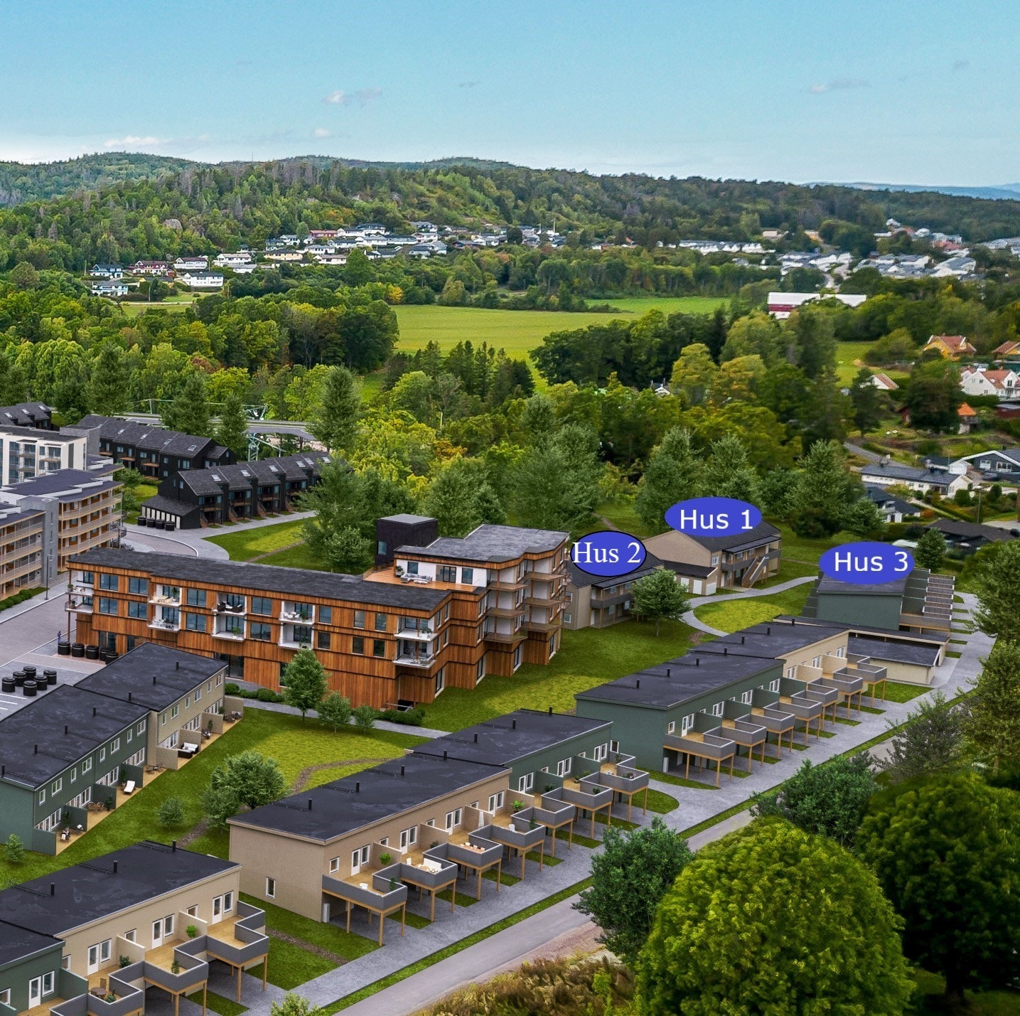 Oversiktsbilde med Hus 1 og Hus 2 med leiligheter og Hus 3 med rekkehus Galleribilde
