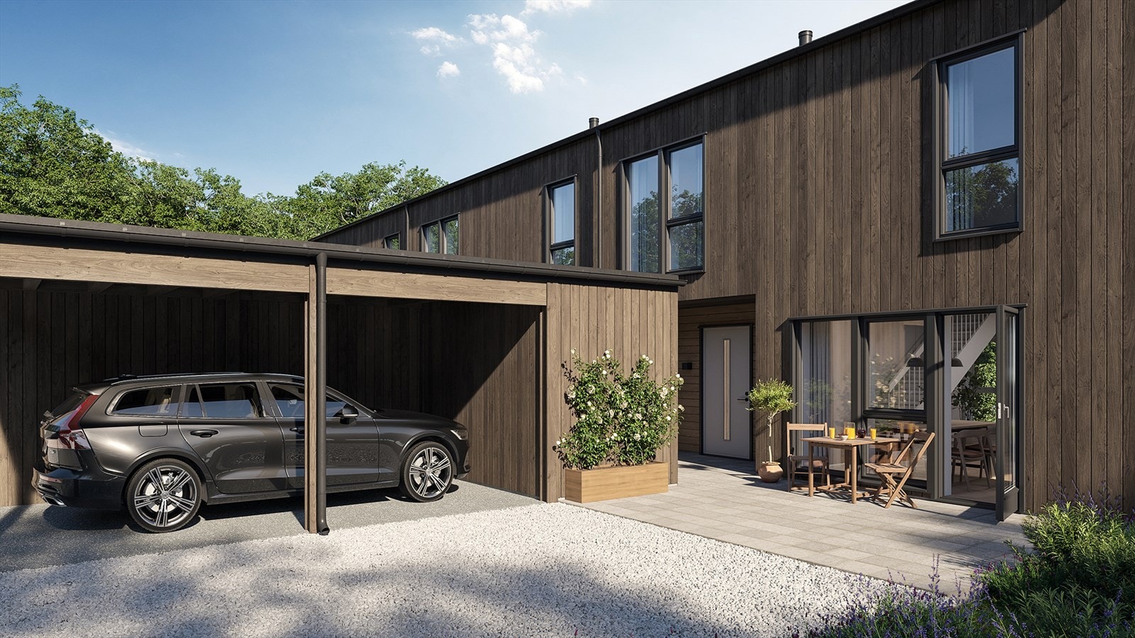 Det blir etablert en sportsbod i tilknytning til carporten Galleribilde