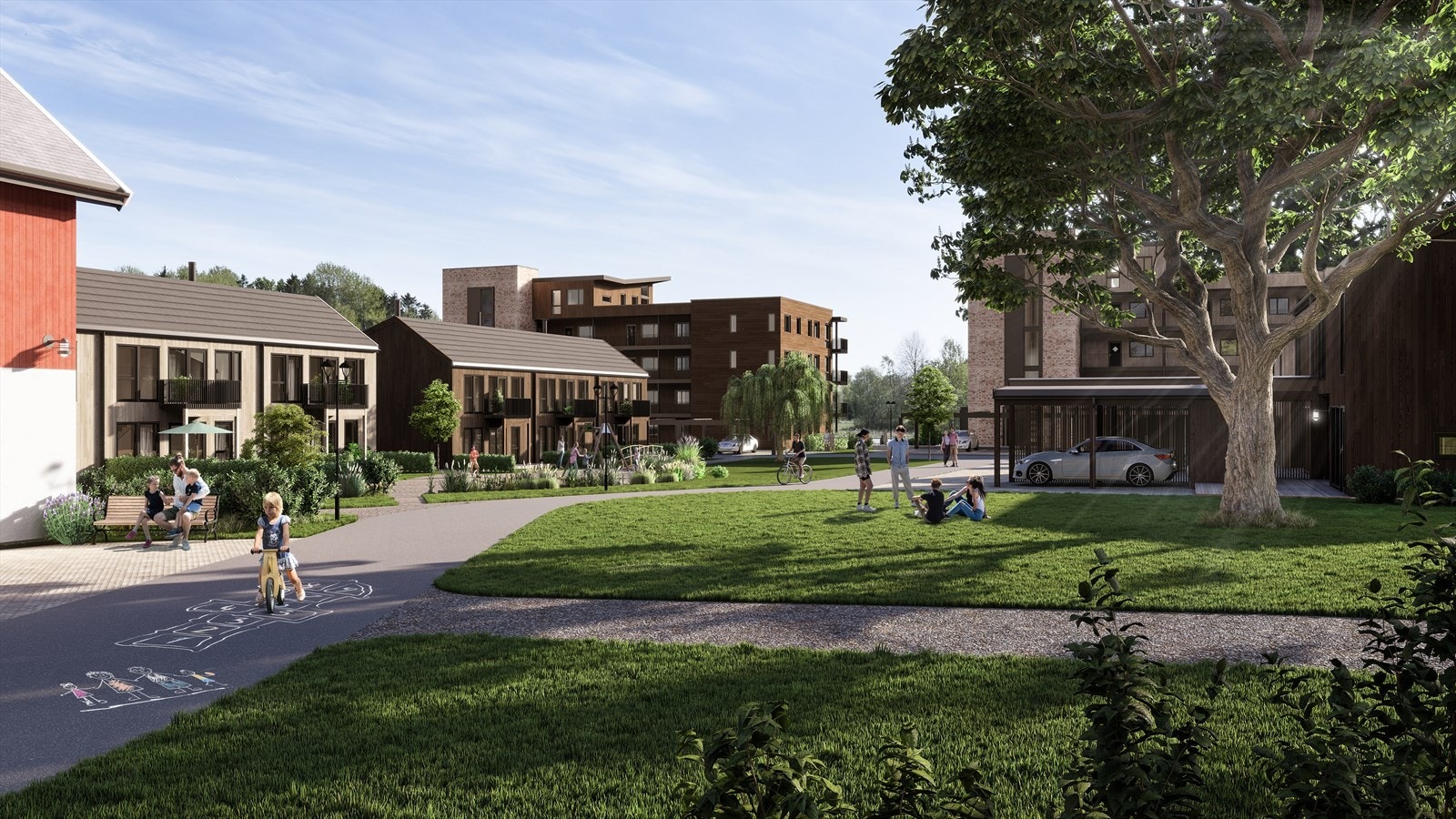 Rekkehusene omkranser et hyggelig tun hvor det gamle kastanjetreet vil være det naturlige midtpunktet. Opparbeides parkmessig med lekeplass og variert beplantning. Galleribilde
