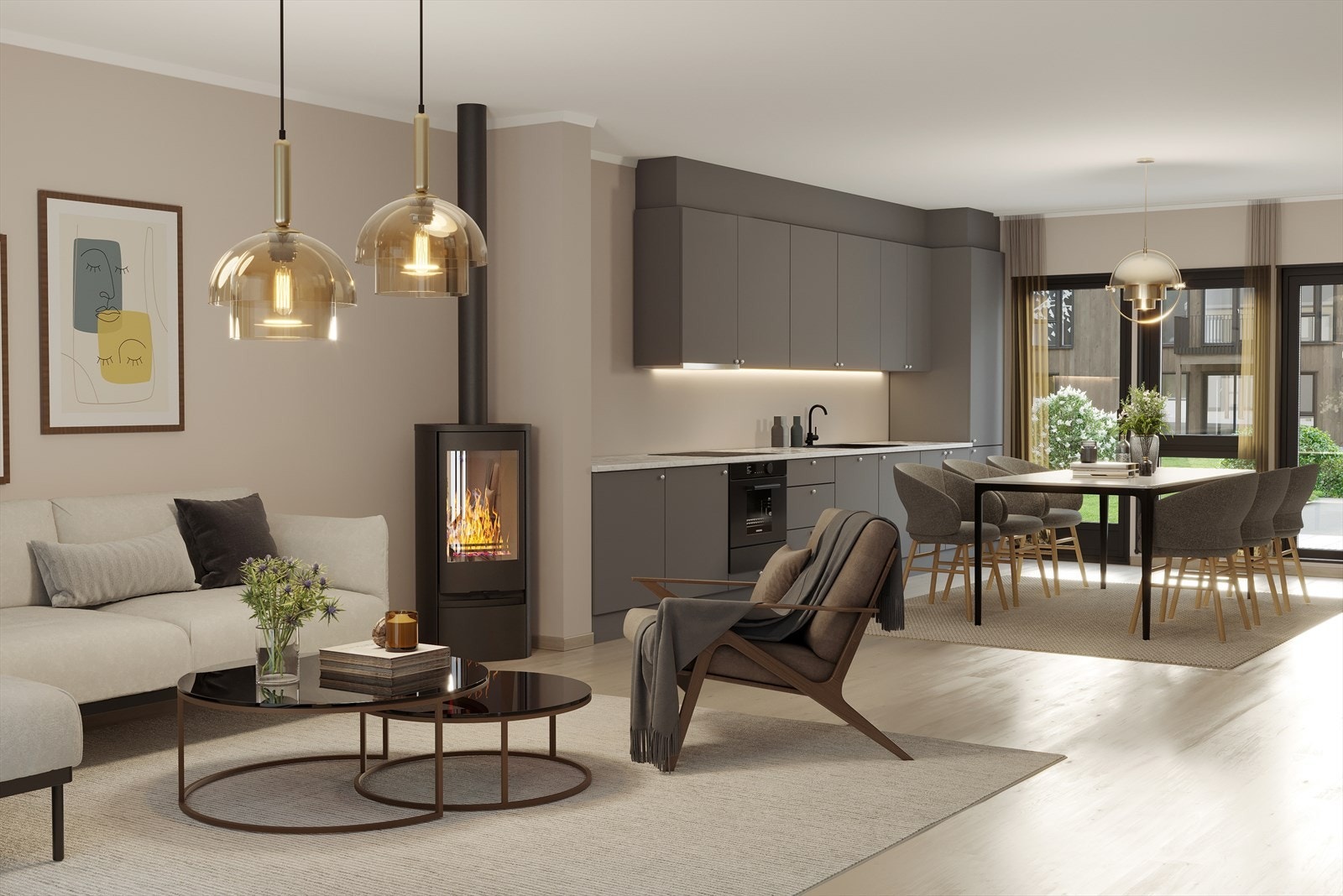 Delikate fargevalg,1-stavs eikeparkett, peisovn, og kvalitetskjøkken med hvitevarer inkludert! Galleribilde