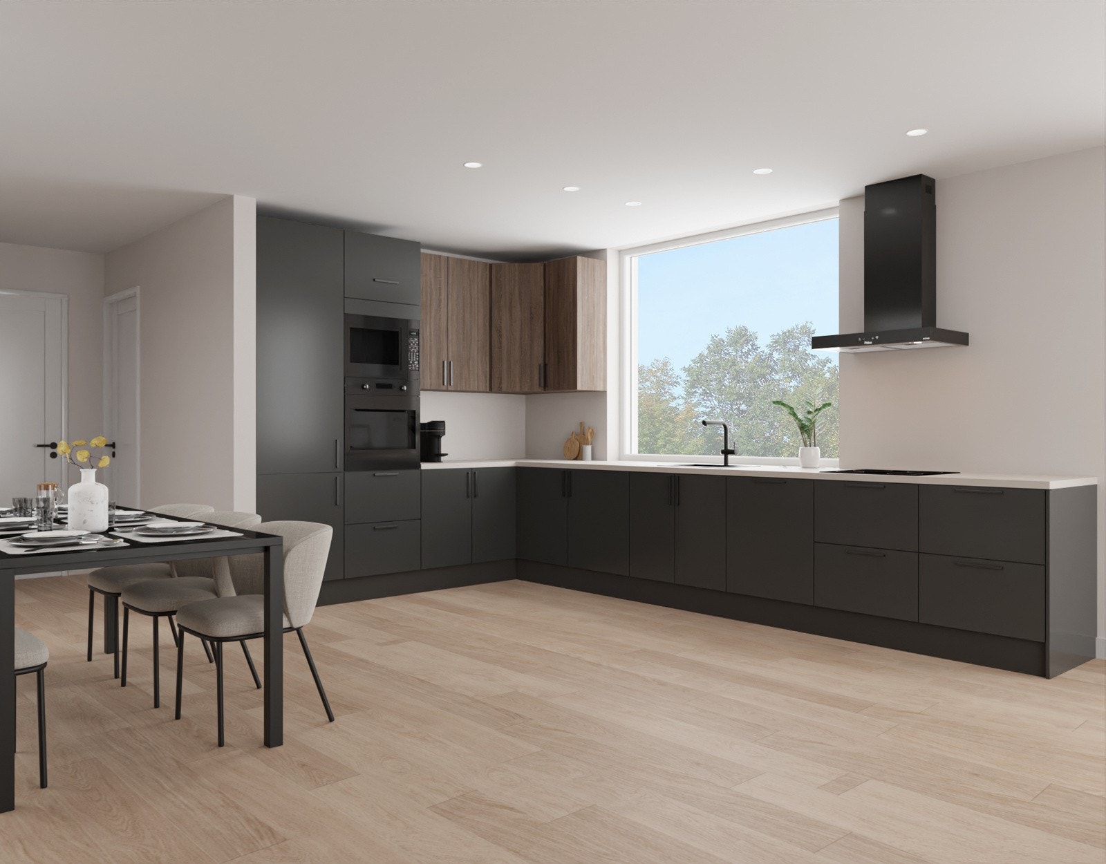 Med standardleveransen følger integrerte hvitevarer i form av stekeplate, komfyr, oppvaskmaskin, kjøleskap og ventilator Galleribilde