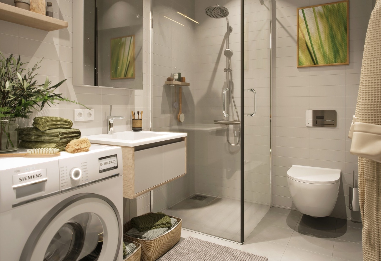 Flott bad med gulvvarme. Flislage gulv og vegger | Illustrasjon, endringer vil forekomme. Galleribilde