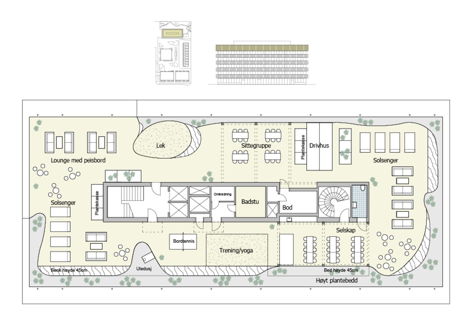 Stor felles takterrasse på Hus E (Autronica) med solsenger, badstu, drivhus sittegrupper m.m. Det tas forbehold om at takterrasse blir godkjent hos kommunen. Illustrasjon, endringer vil forekomme. Galleribilde