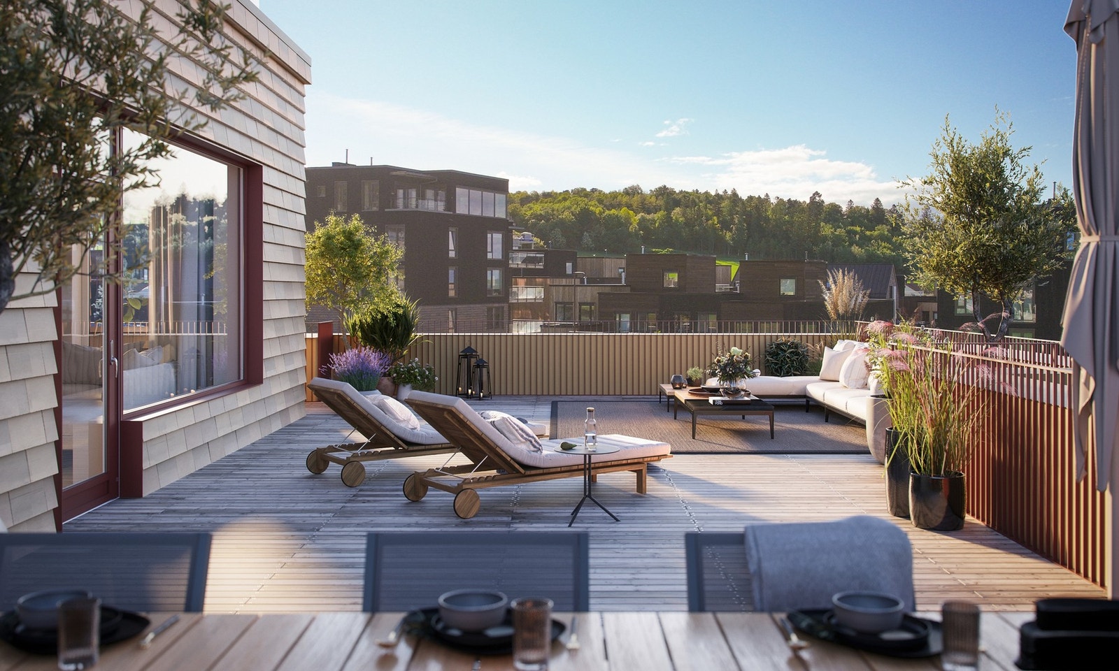 Takterrassen på hele 90 kvm rommer flere møbleringssoner. Illustrasjon, avvik vil forekomme. Galleribilde