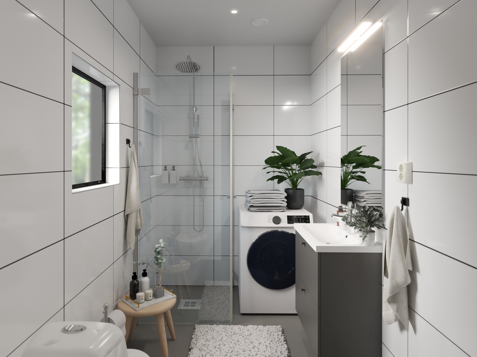 Bad leveres med varme i gulv, takdusj, innfellbare dusjvegger, wc, 60cm baderominnredning og opplegg til vaskemaskin Galleribilde