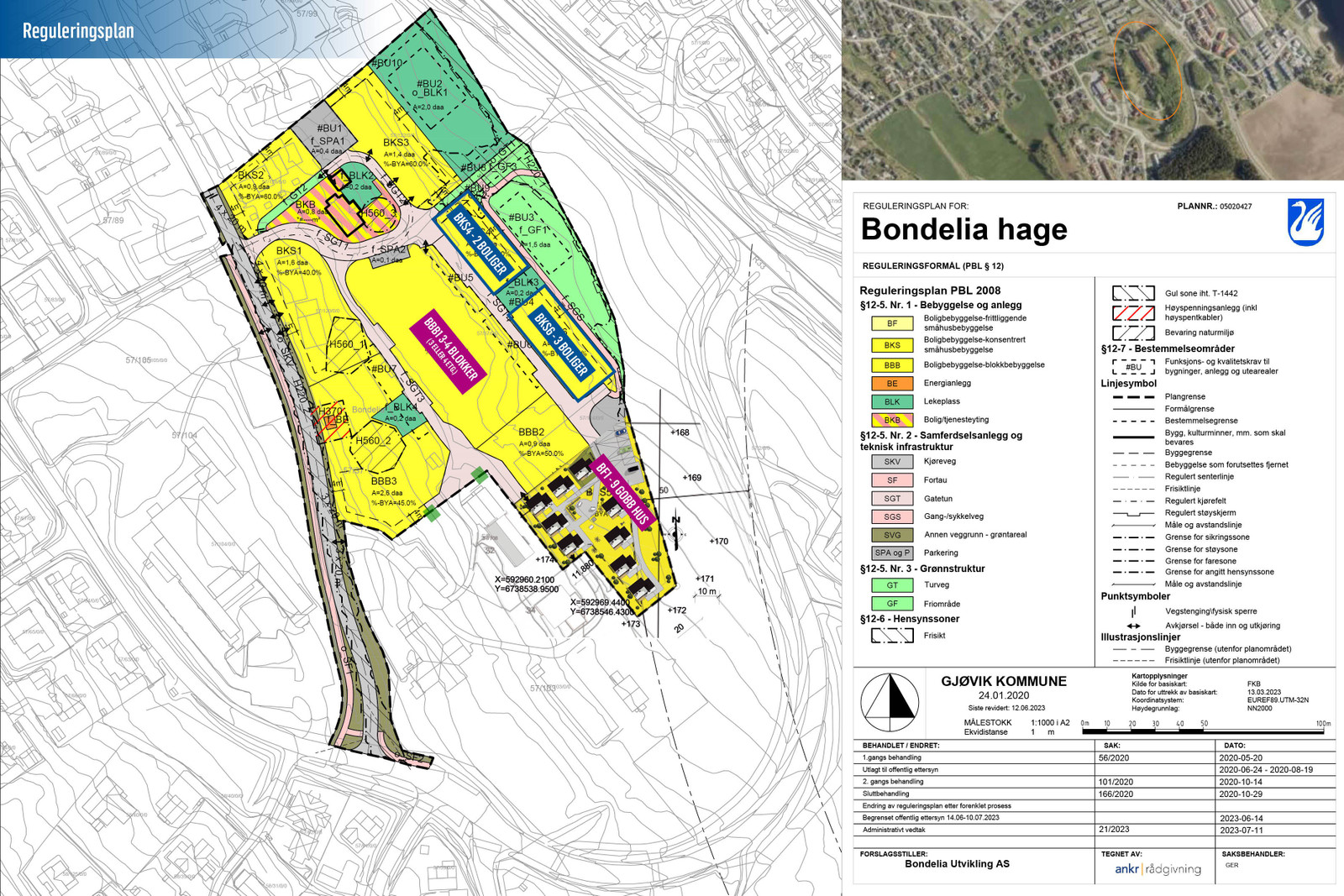 Reguleringsplanen viser plassering av boligene på Bondelia Hage, samt planlagt fremtidig bebyggelse.