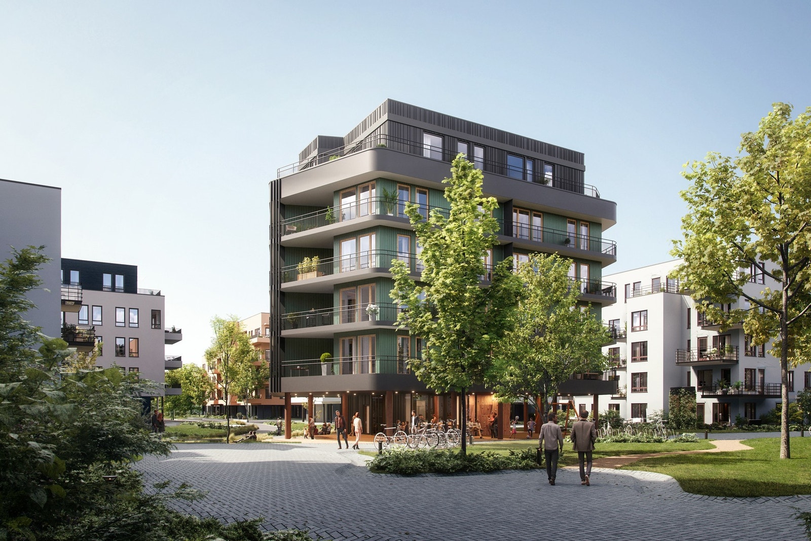 Siste nabolag ut i Skårerbyen er Mathildetunet. Her planlegger vi 195 nye hjem rundt en stor og luftig gårdshage. Galleribilde