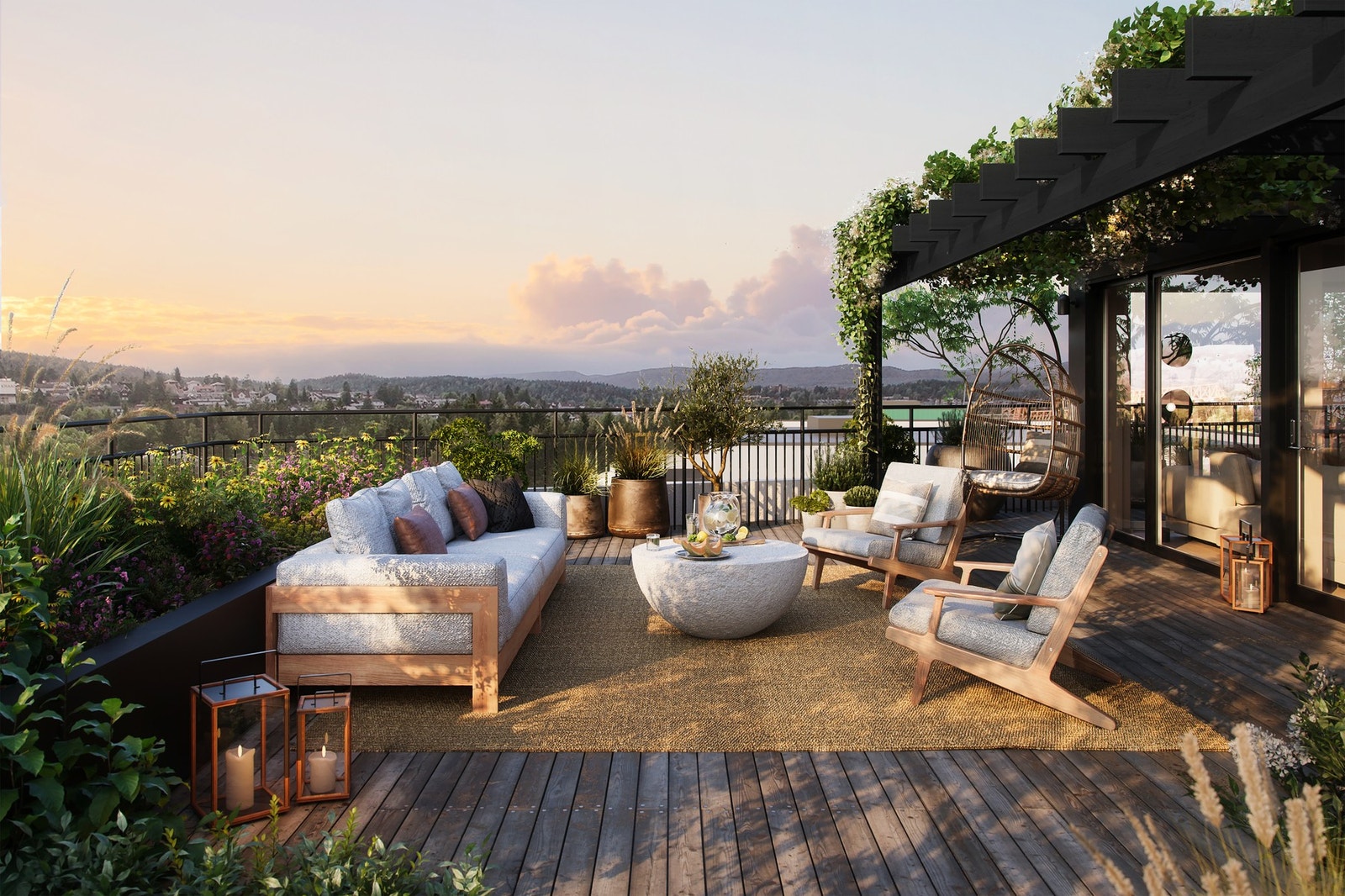 I toppetasjene finner man leiligheter med tilgang til private takterrasser. Alle leiligheter har egne balkonger og det finnes felles takterrasser i tillegg til fellesarealer på bakkeplan. Galleribilde