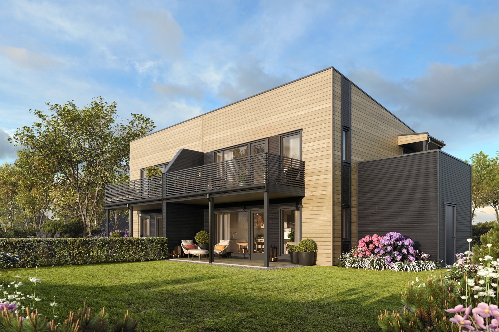 Perspektiv av 4-mannsbustaden. Uteområdet er ikkje tilpassa tomta. Galleribilde