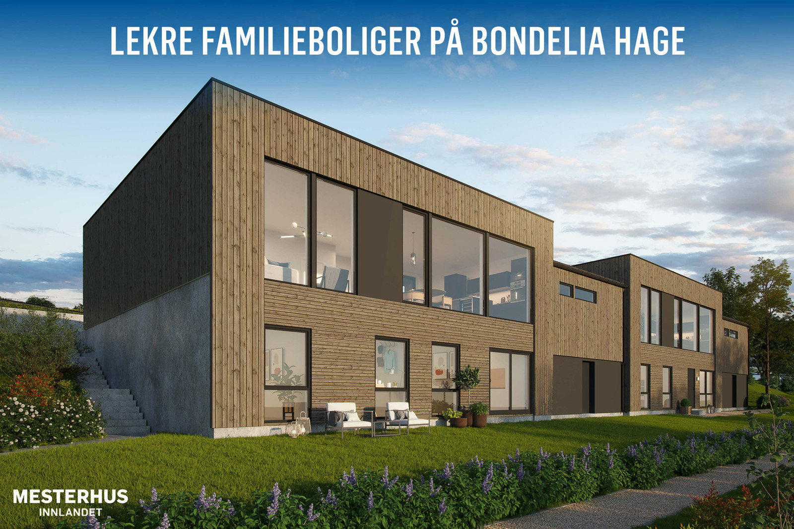 Velkommen til våre lekre familieboliger på Bondelia Hage! 3D illustrasjon