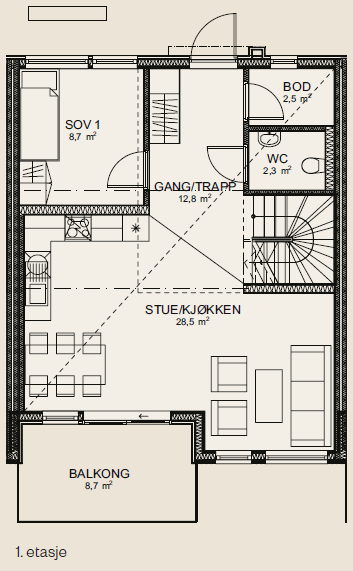 Når du kommer inn i huset, leder en romslig gang deg inn til den åpne stue- og kjøkkenløsningen som er designet for sosiale stunder med familie og venner. Soverom med WC rett over gangen. Galleribilde