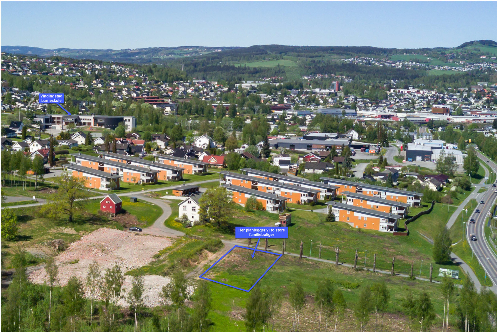 Kort og trygg vei til Vindingstad barneskole. Bildet er tatt før bygging på Bondelia Hage startet. Markering av tomt kan avvike.