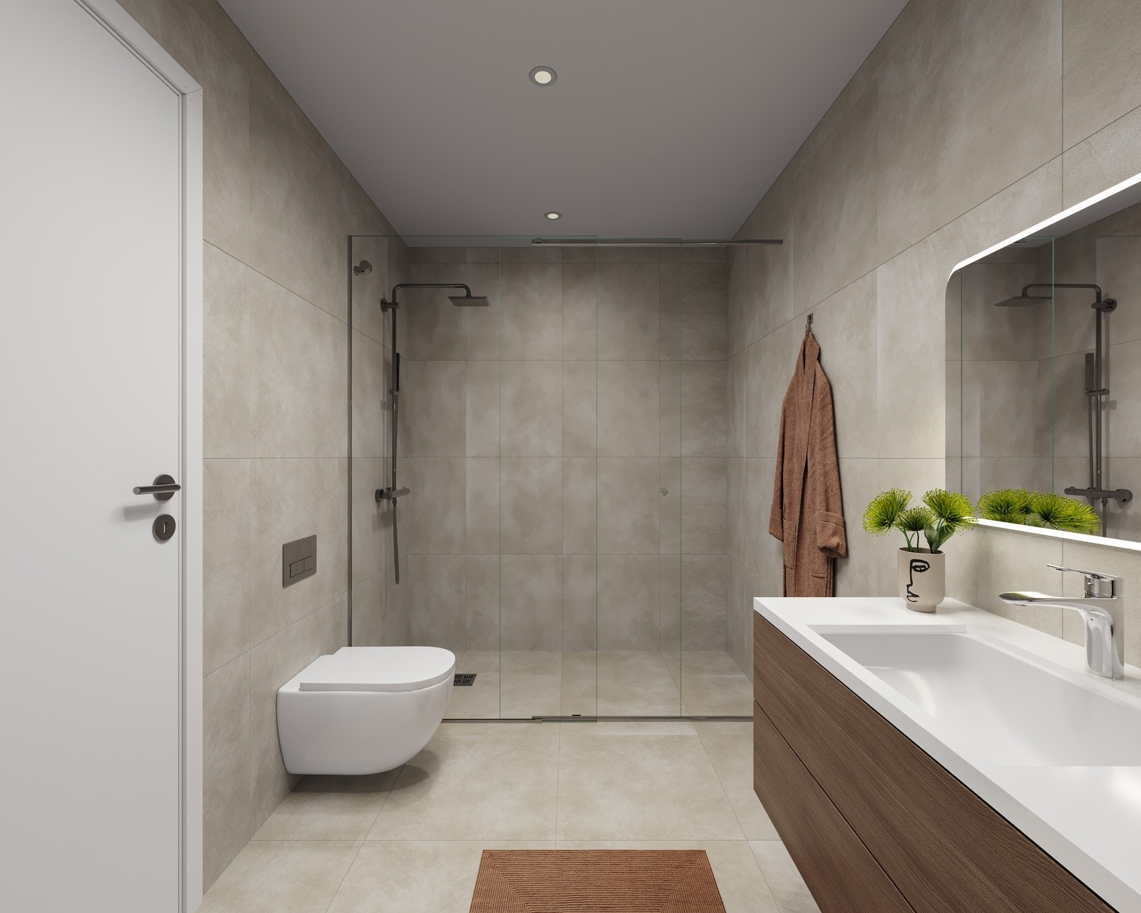 Badet får fliser med betong-uttrykk, i størrelsen 60x60. Det er varme i gulvet og downlights i taket, og dusj Galleribilde