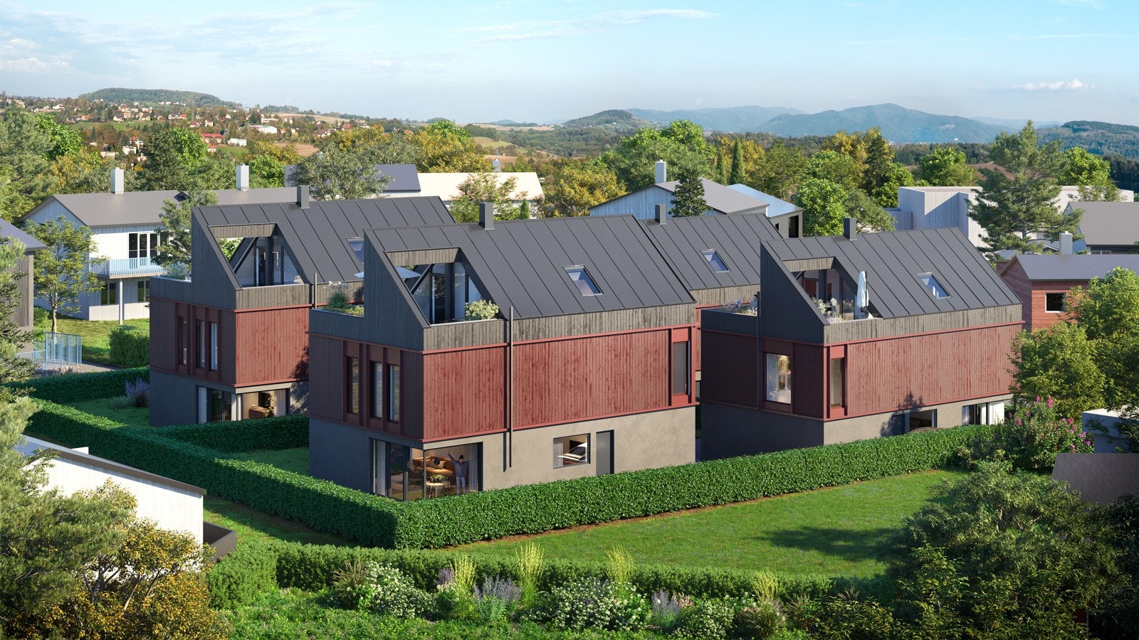 Tomten blir levert med gruset adkomst/ gårdsplass og hagene blir levert ferdigplen og hekk Galleribilde