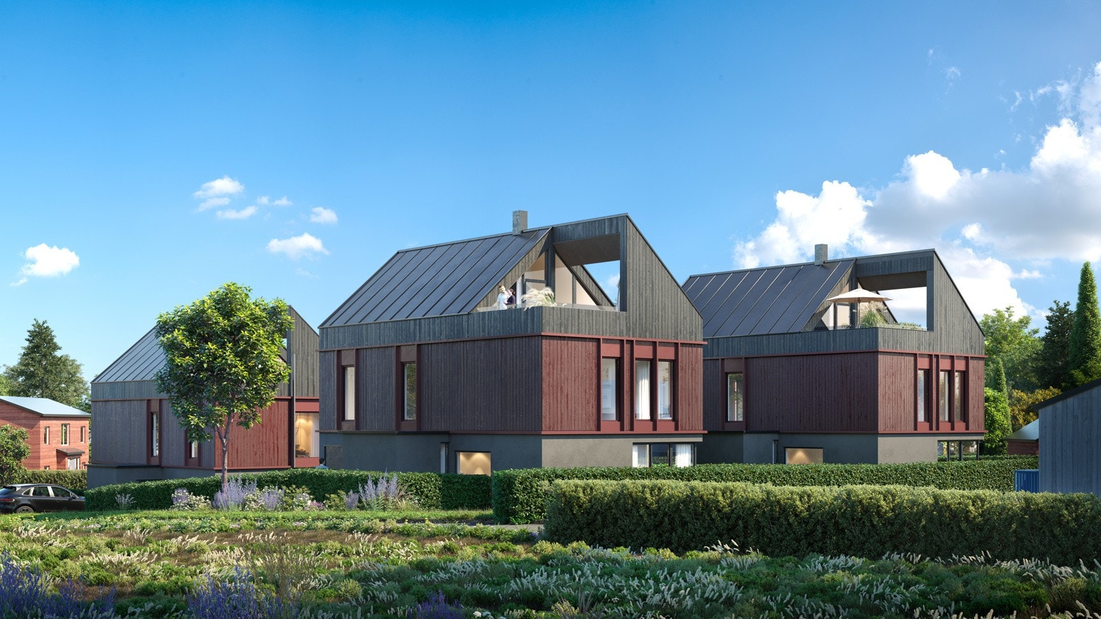 Boligene har eget hageområde med rikelig med boltreplass for de minste. Tomten har meget gode solforhold, og det vil være flere muligheter for koselige uteplasser Galleribilde