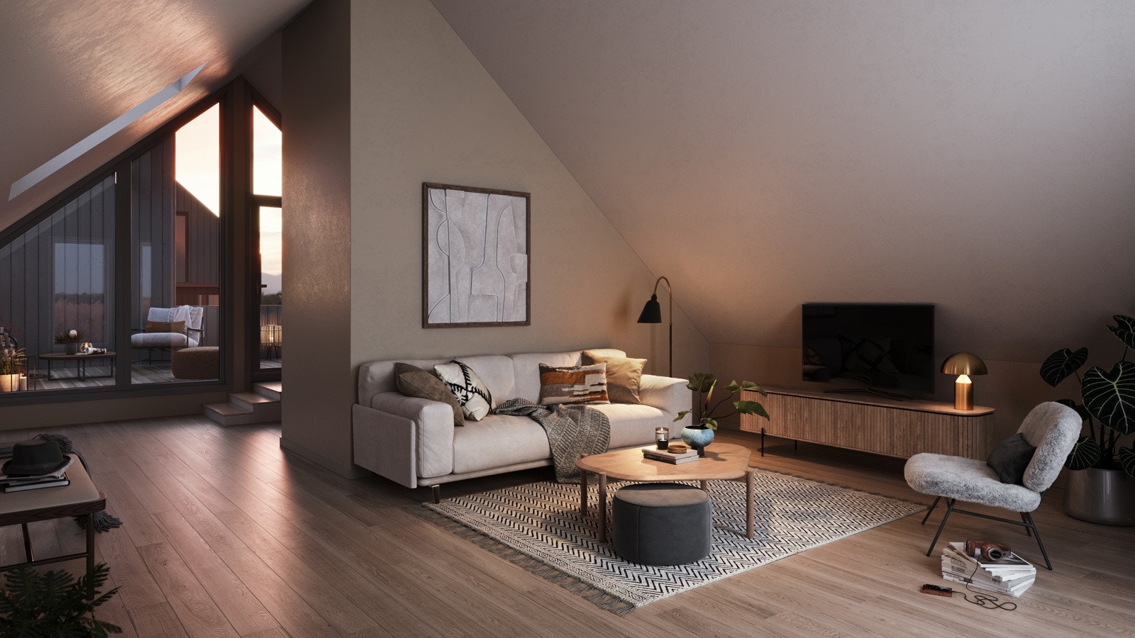 I tredje etasje får man en fin loftstue på på 39 kvm her blir det vinduer både endevegger og i tak, noe som gir godt med naturlig lys Galleribilde