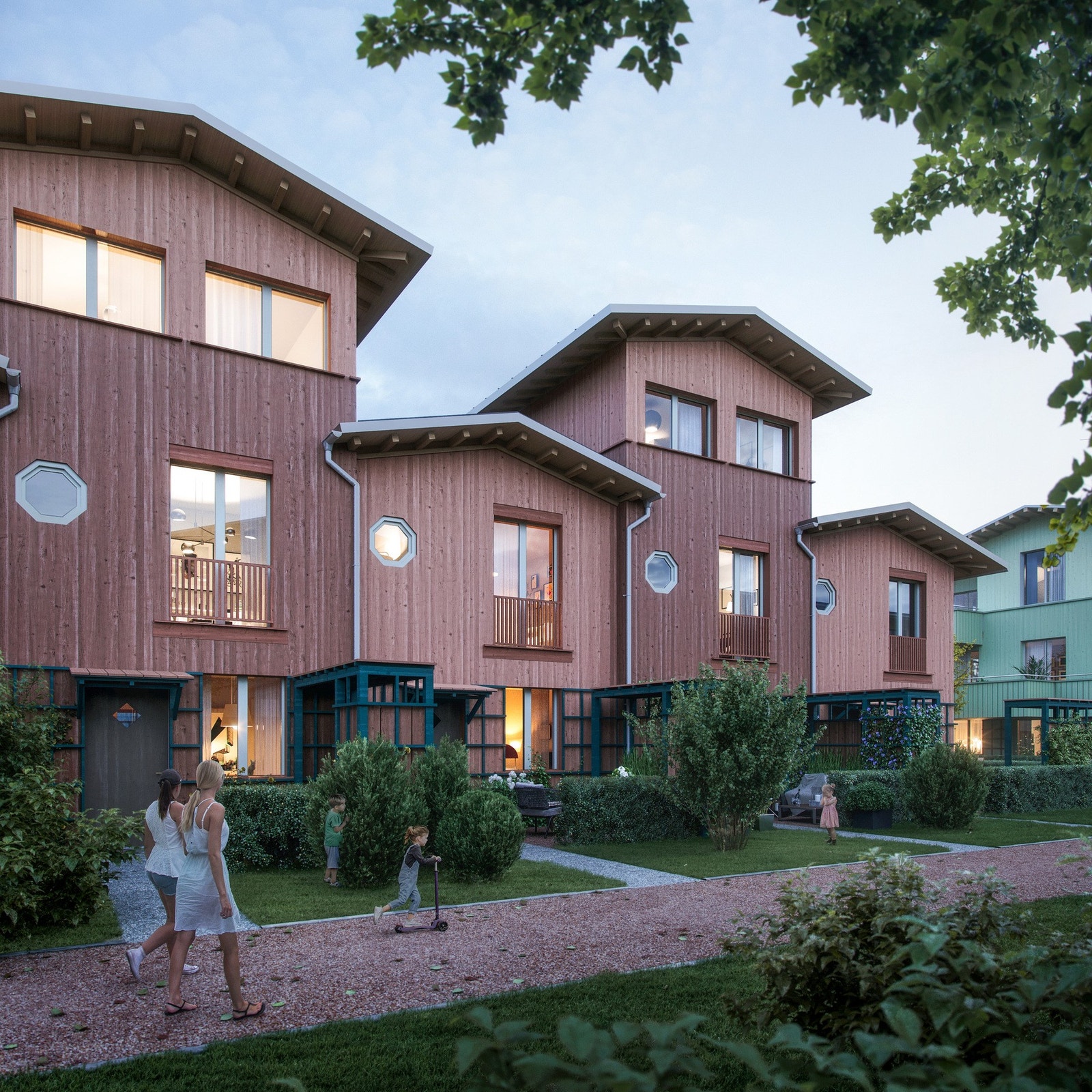 Rekkehusene får inngangsparti med forhage og sykkelbod. Galleribilde