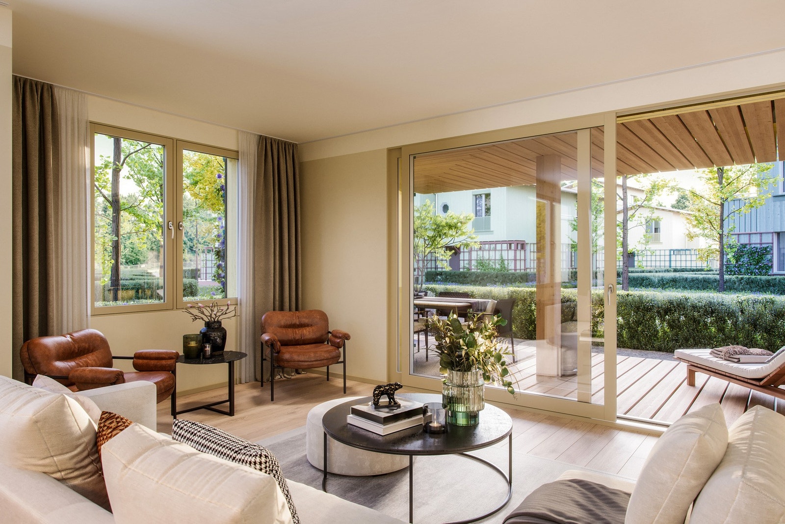 Alle leilighetene får privat uteområde i form av balkong/terrasse/markterrasse og hage, eller en kombinasjon. Galleribilde