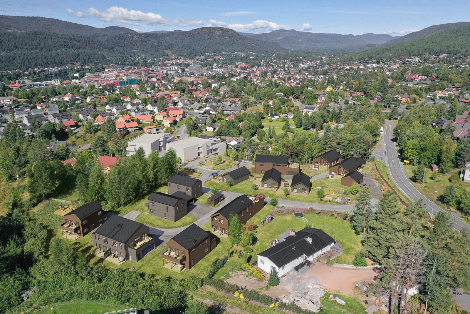 Illustrasjon over nytt boligområde på Stertebakke Allè. (tomtene leveres tilsådd, men uten beplantning) Galleribilde