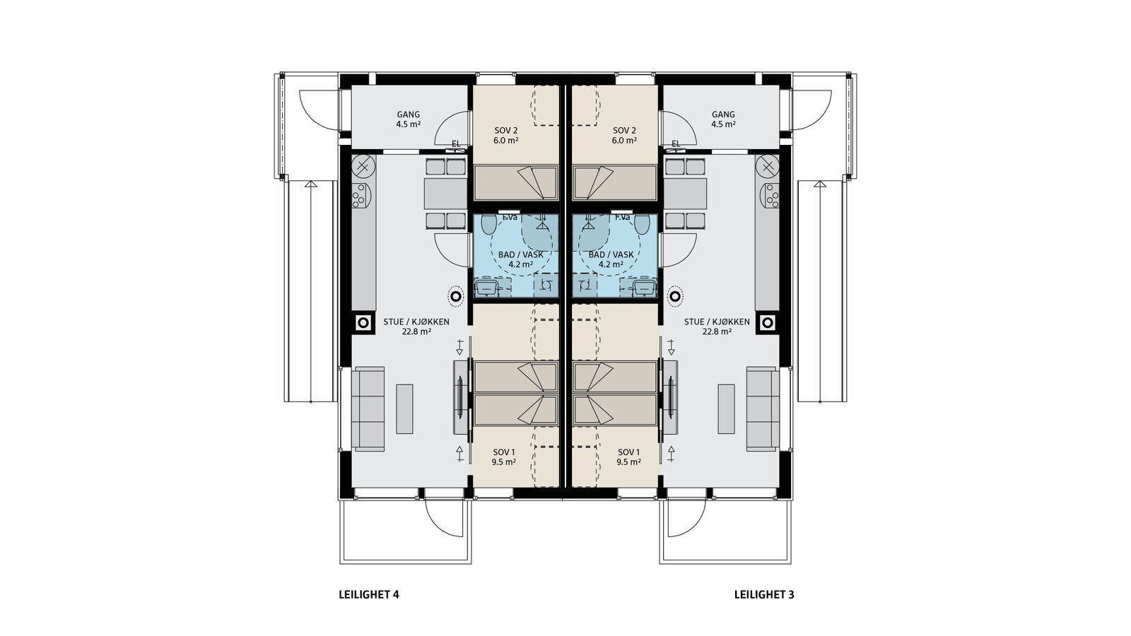 Plantegning av leilighet 3 og 4 beliggende i 2.etasje - det kan forekomme avvik og endringer på tegningen. Galleribilde