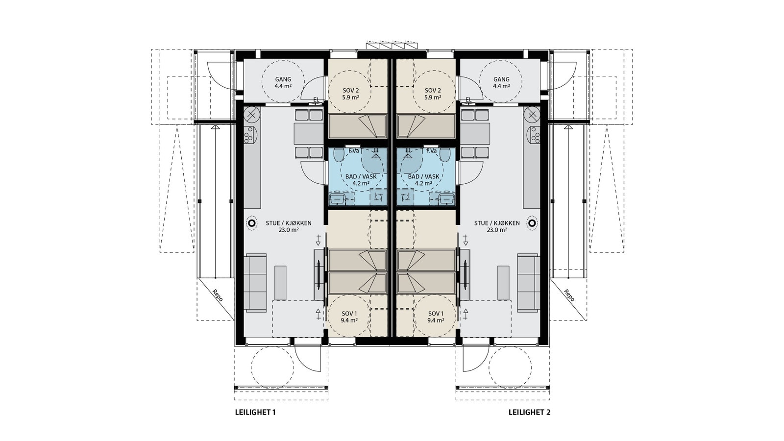 Plantegning av leilighet 1 og 2 beliggende i 1.etasje - det kan forekomme avvik og endringer på tegningen. Galleribilde