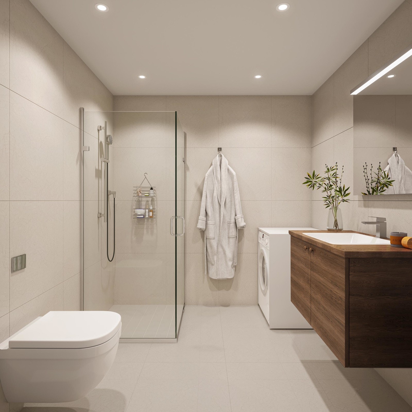 Det skal være godt å stå opp om morgenen og komme inn på badet, derfor er det er viktig å ha et varmt og lunt bad. Vi fokuserer på å ha en god harmoni mellom materialmiks og delikate farger, og mellom form og funksjon. Galleribilde