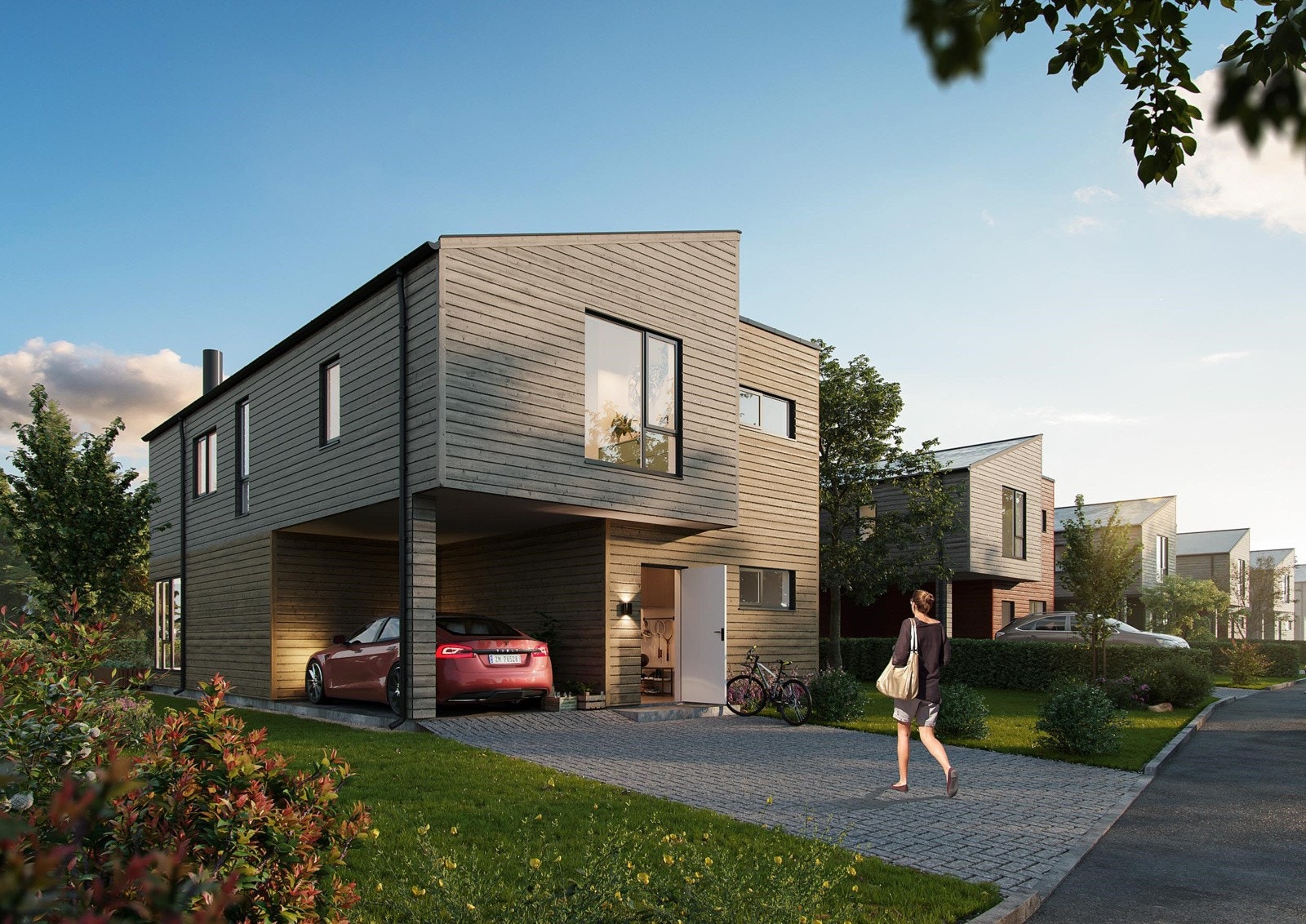 Frittliggende eneboliger med moderne standard. Illustrasjon av E5-E9. Galleribilde