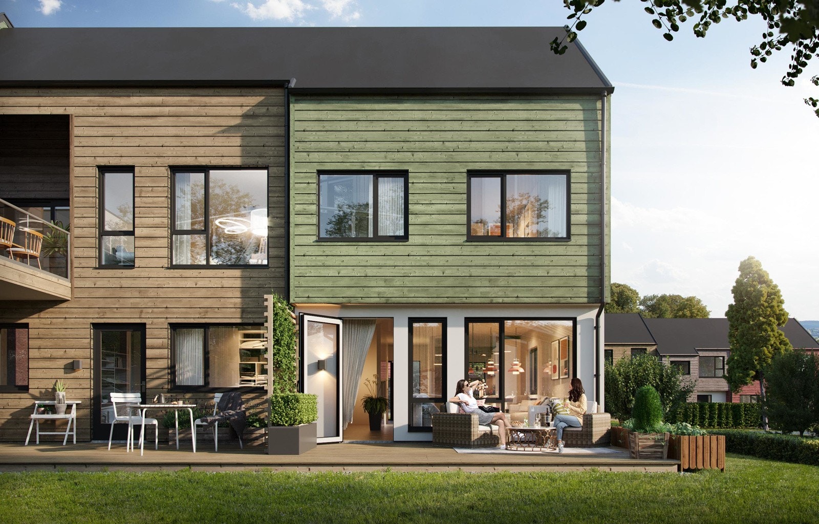 Alle rekkehus får tildelt eget gårds- og bruksnummer med tilgang til privat hage. I senter av bebyggelsen vil det bli etablert en flott lekeplass med blant annet en felles hagestue. Galleribilde